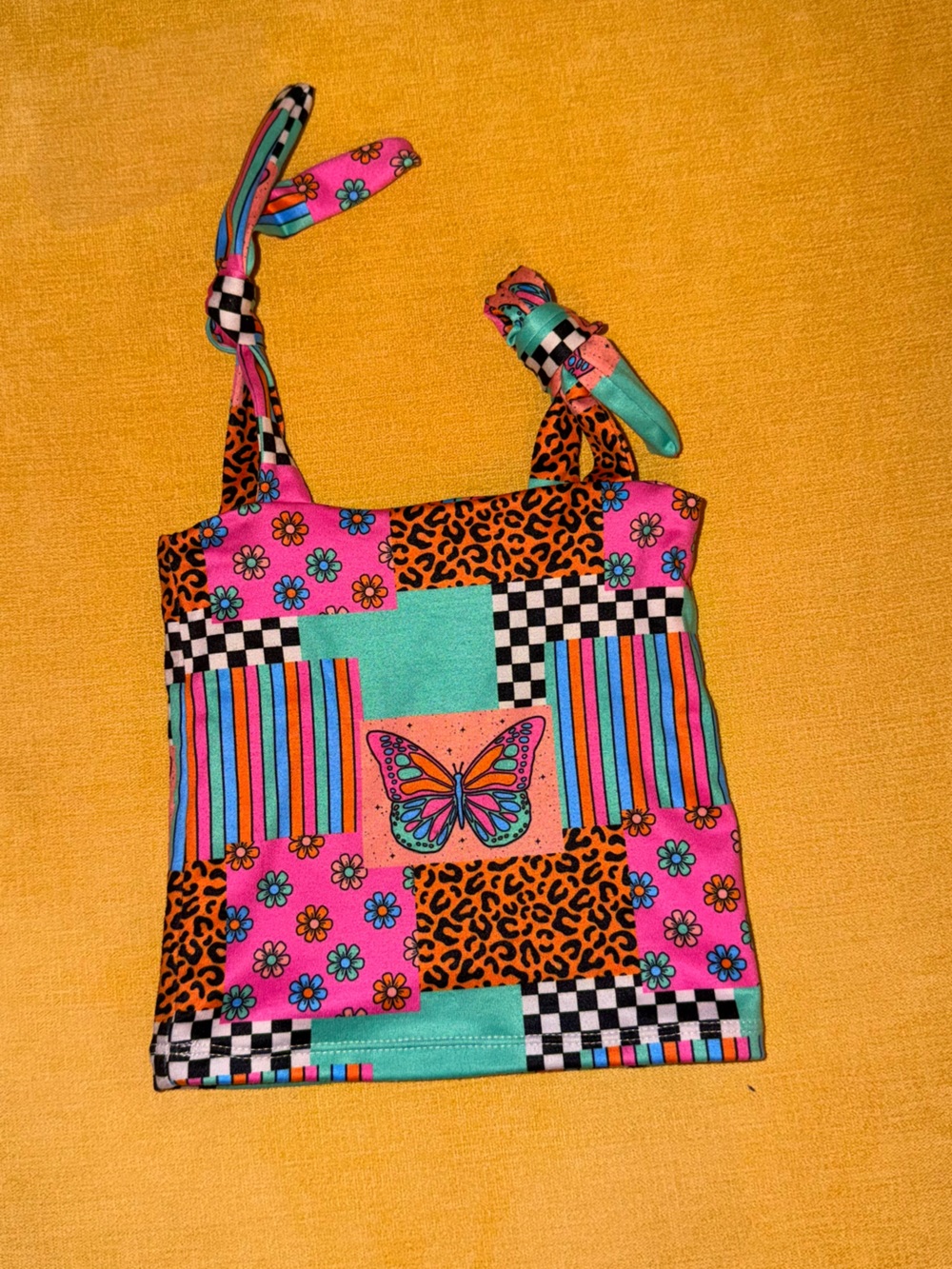 Handmade Kids' Bright Lights Patchwork Butterfly tube top with ties - Pink Multi